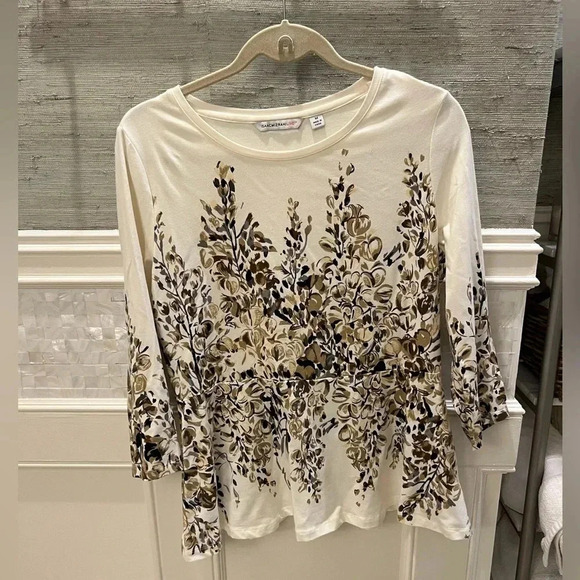 Isaac mizrahi live peplum top blouse 3/4 sleeves cream botanical floral beige m - Picture 1 of 7